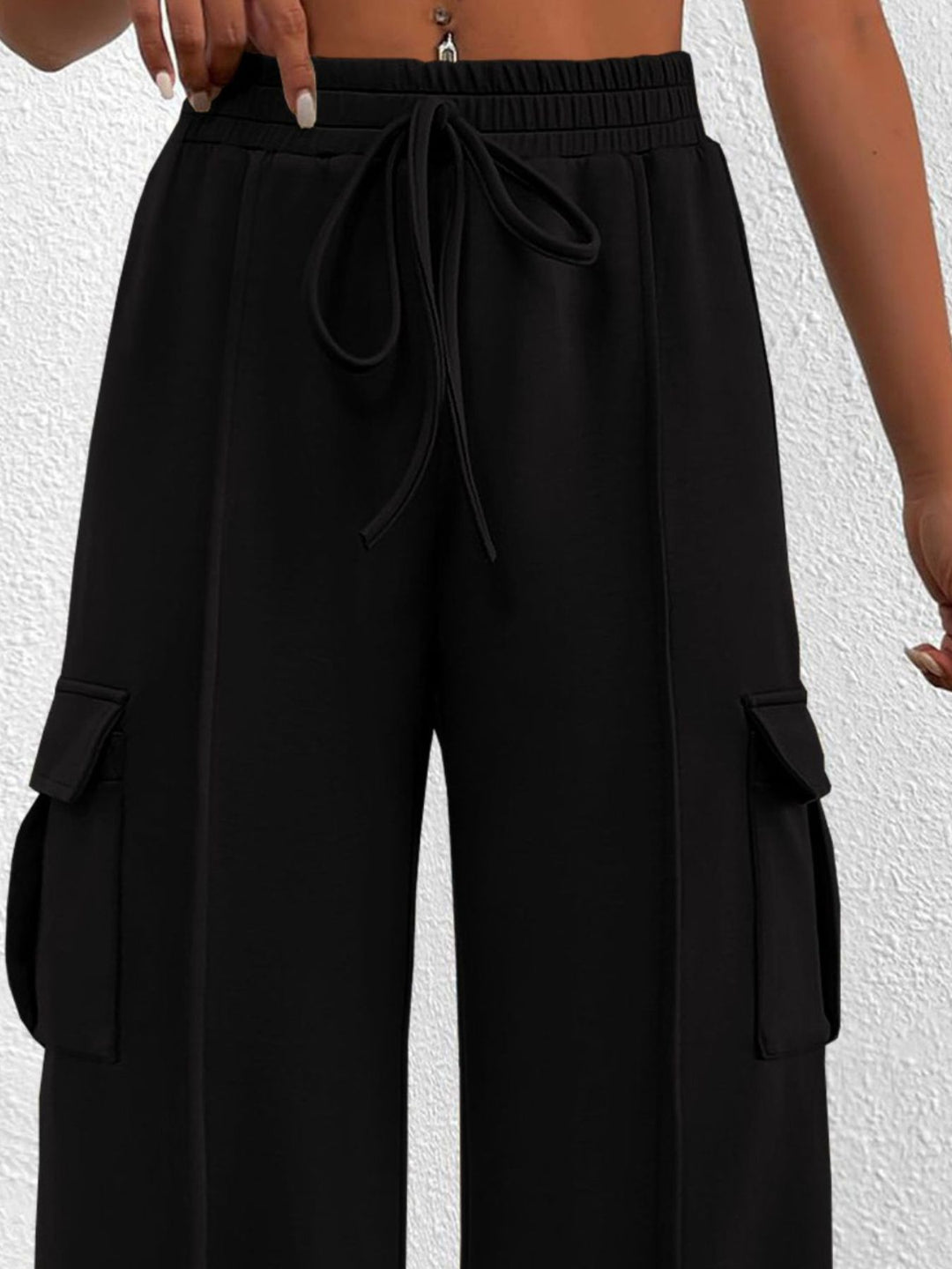 Drawstring high-waist wide-leg cargo pants with flap pockets