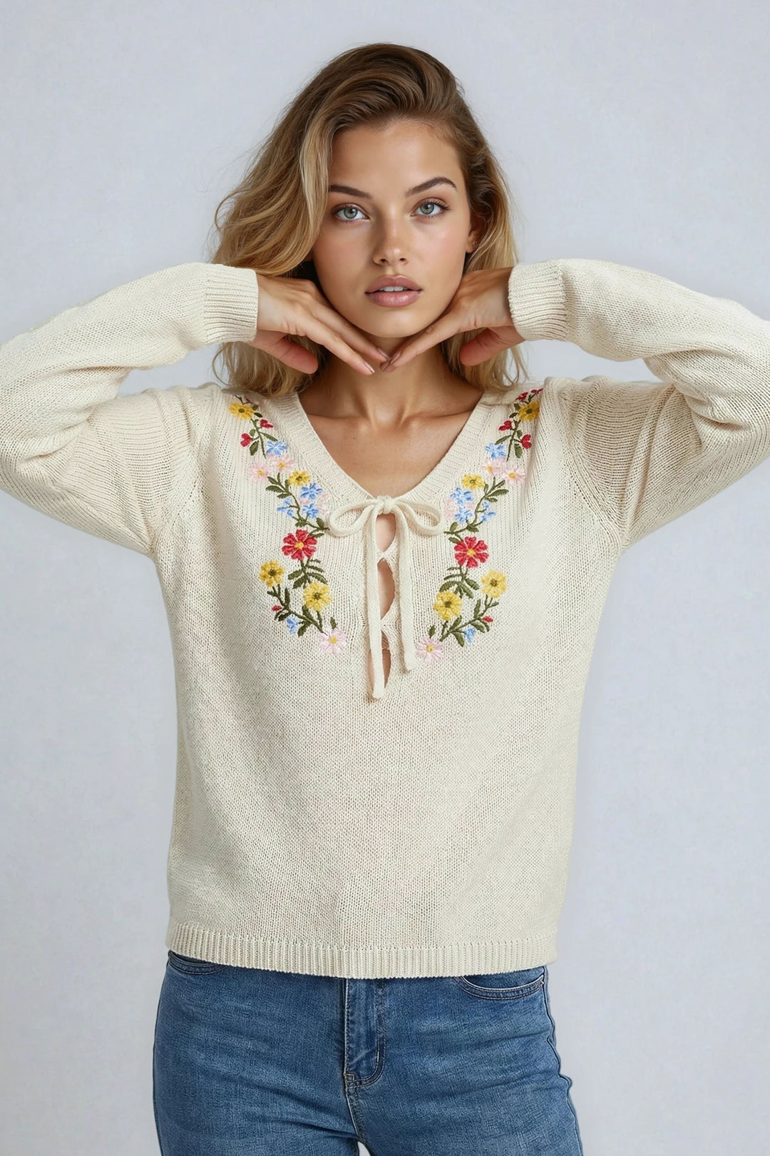 Floral embroidered v-neck knit sweater with tie front - Beige