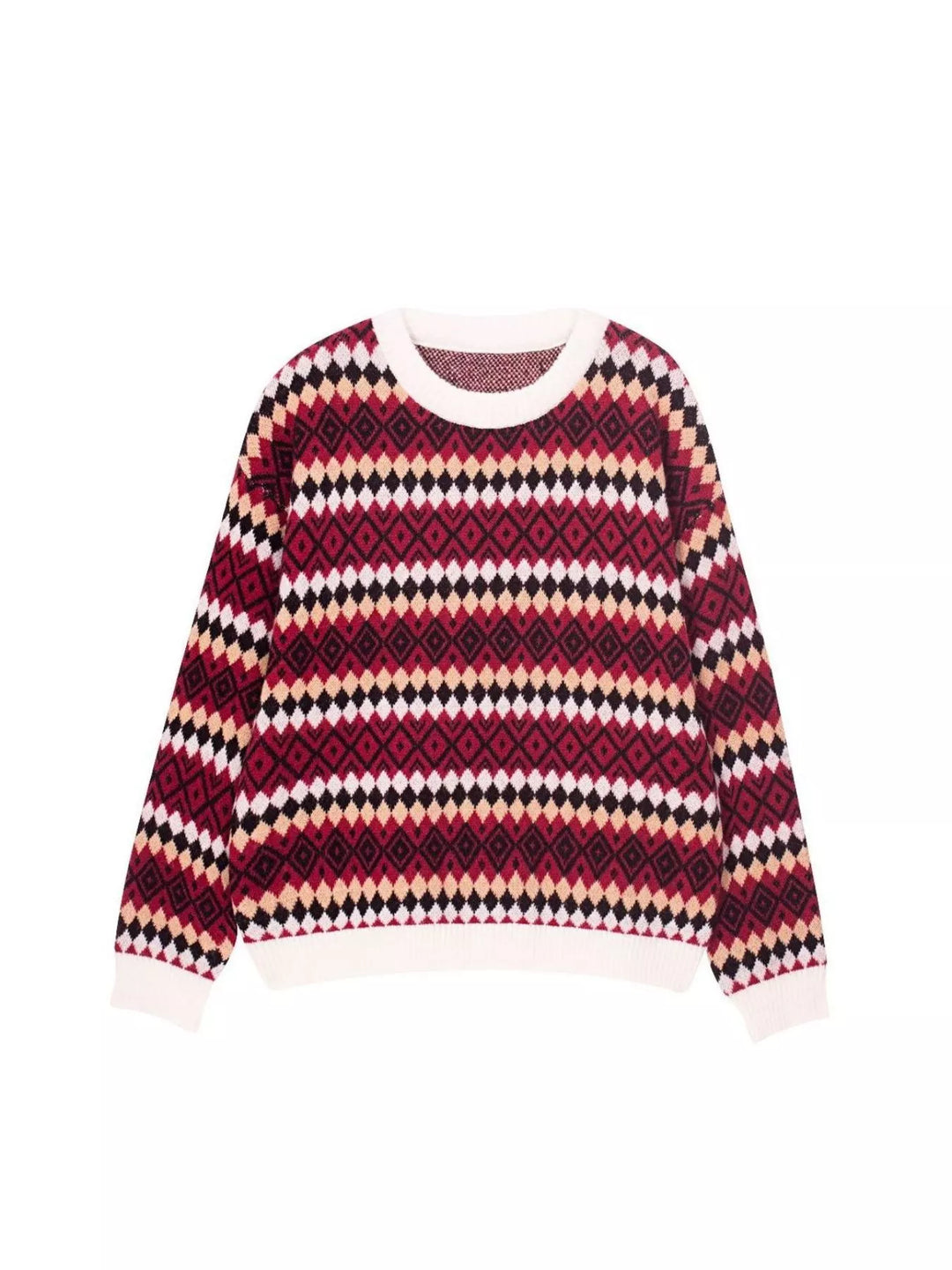 Burgundy Geometric Fair Isle knit crew neck sweater