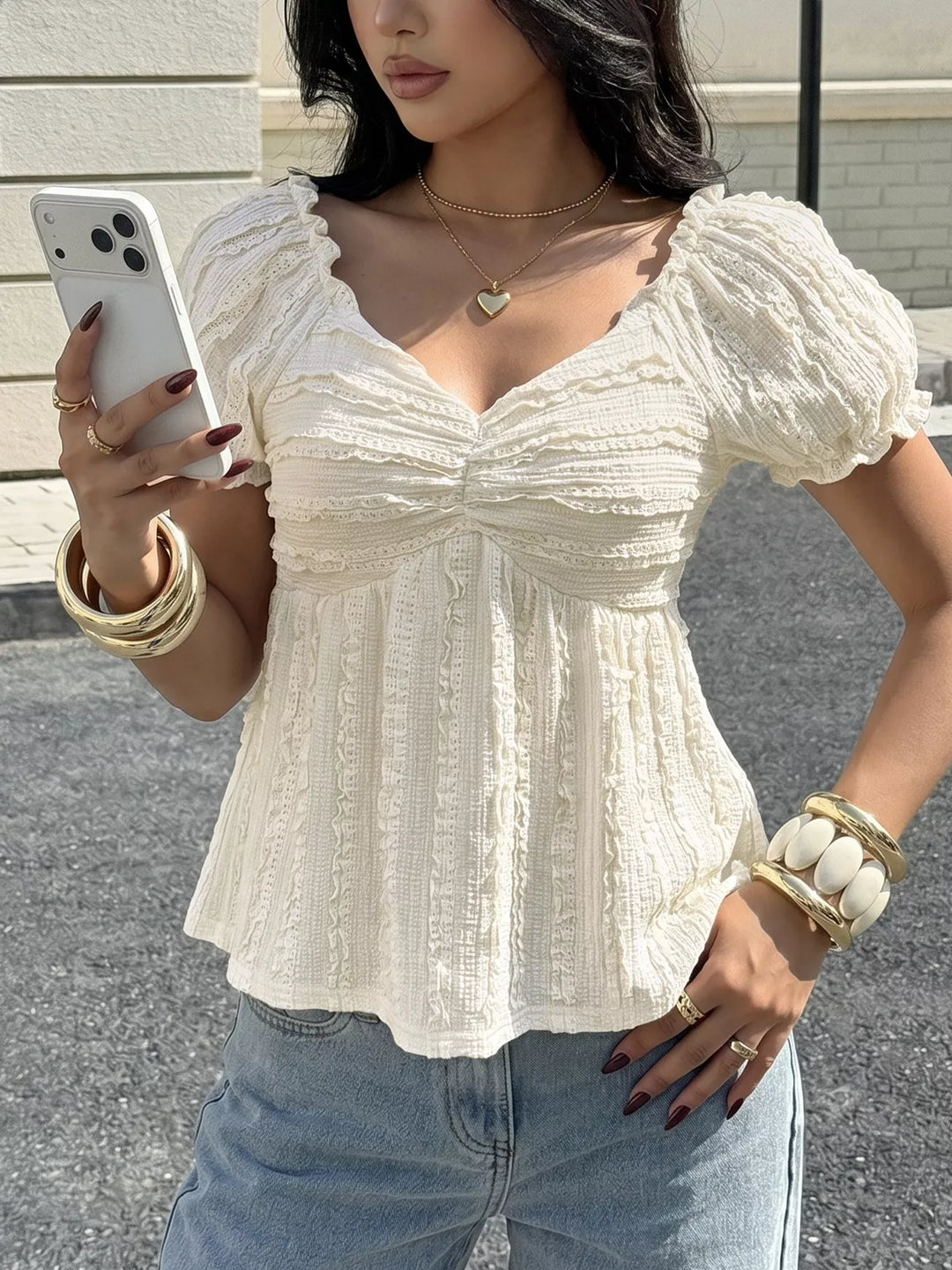Beige Ruched sweetheart neck puff sleeve babydoll top