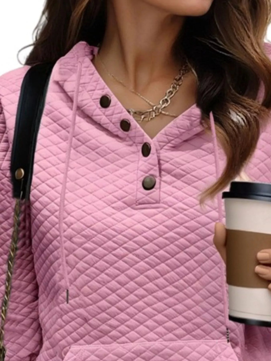 Diamond-textured drawstring pullover hoodie with button placket