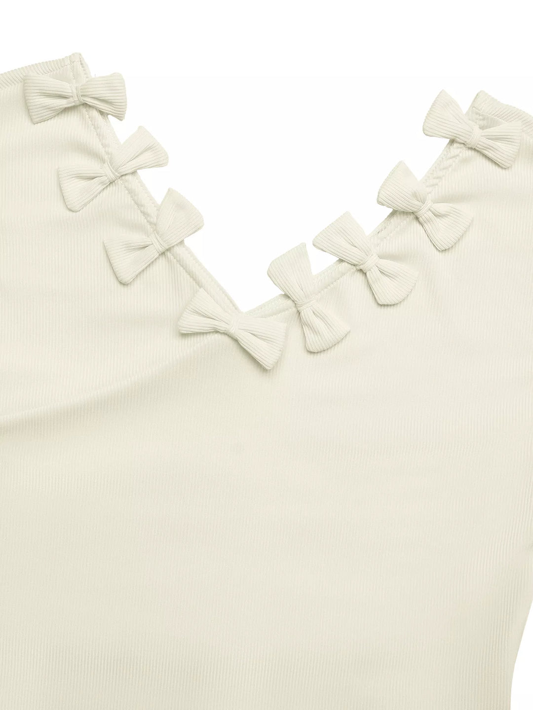 Ribbed knit cap sleeve V-neck top with bow trim