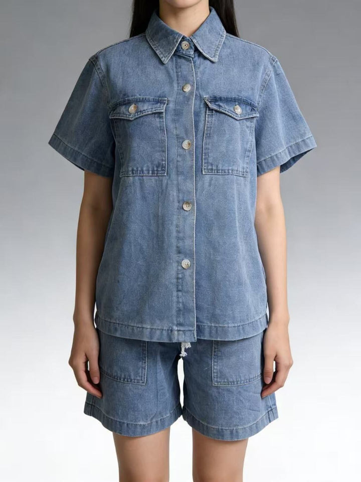 Short sleeve denim shirt and drawstring shorts set