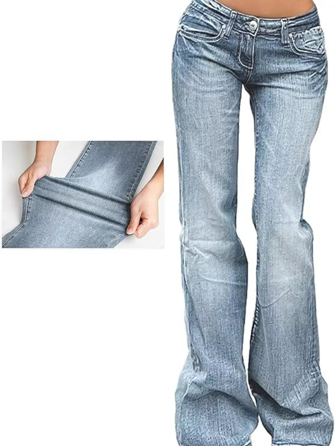 Light Blue Low rise flare jeans with whiskered wash and full-length leg