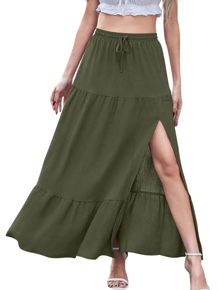 Tiered ruffled maxi skirt with front slit