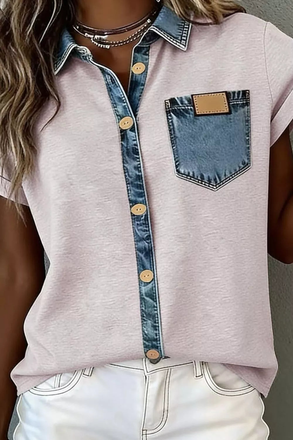 Contrast denim-trim short-sleeve button-down shirt with chest pocket
