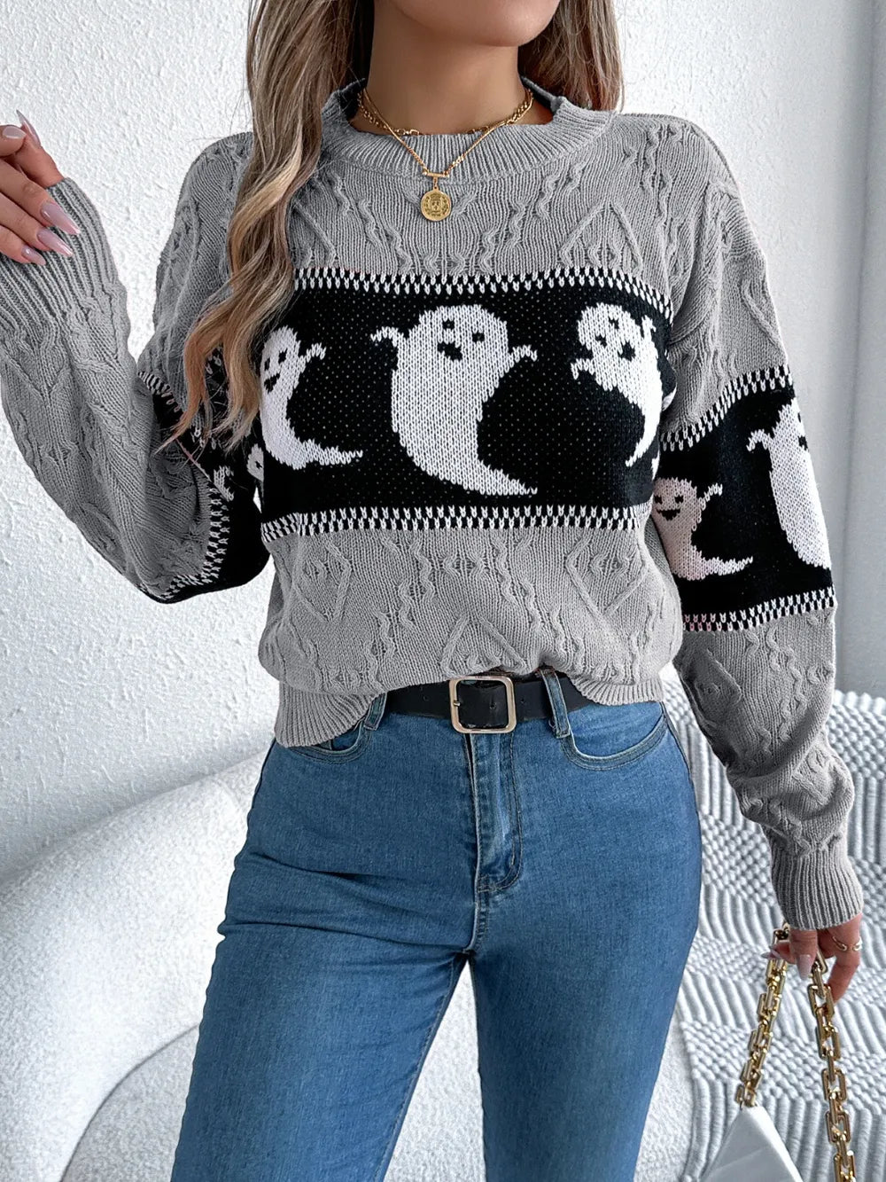 Ghost knit crew neck sweater with cable textured sleeves