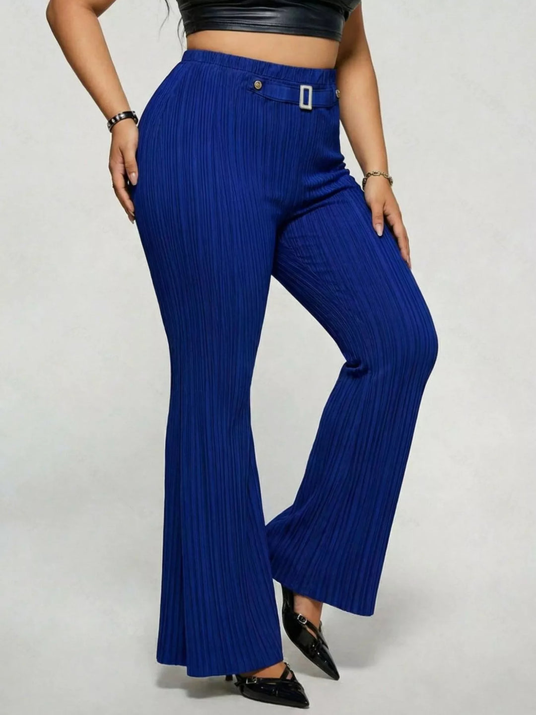 Plus size high-rise ribbed flare pants with buckle detail