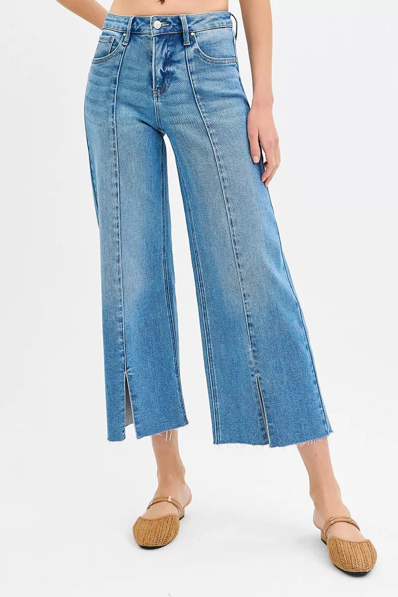 Mid-rise wide-leg crop jeans with raw hem and front slit