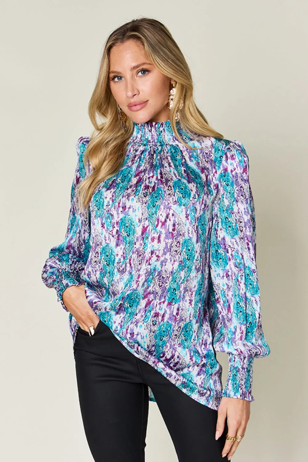 Printed smocked frill mock neck long sleeve blouse