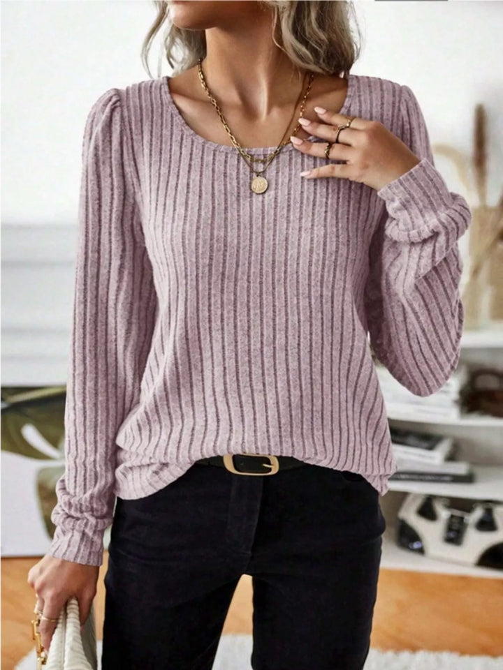 Pink Ribbed knit scoop neck long sleeve top