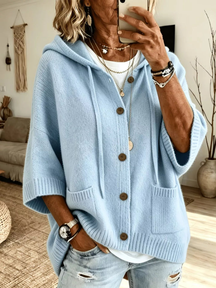 Sky Blue Hooded button-down knit cardigan with patch pockets