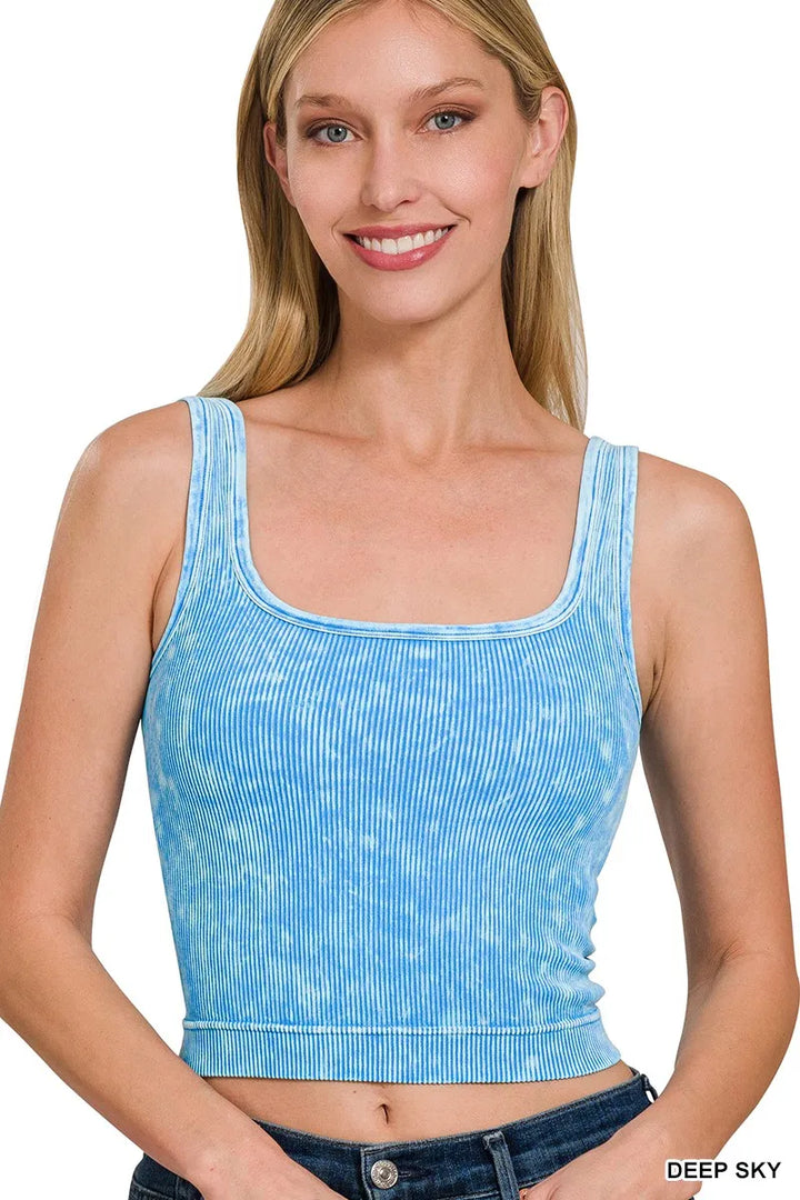 DEEP SKY Washed ribbed seamless crop tank with reversible neckline