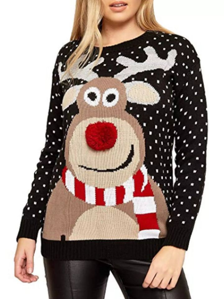 Black Reindeer graphic knit Christmas sweater with pom-pom nose