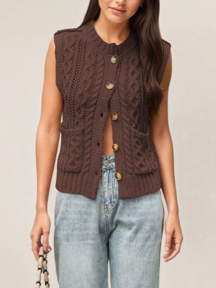 Cable knit button-down sweater vest with patch pockets