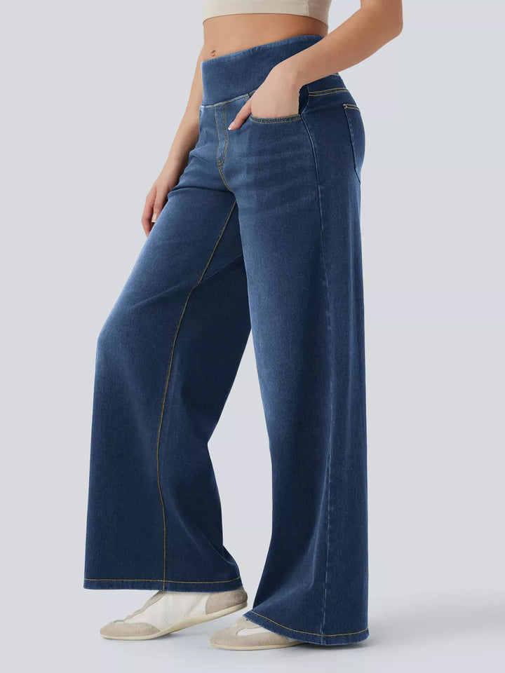 High-rise pull-on wide leg jeans with side pockets