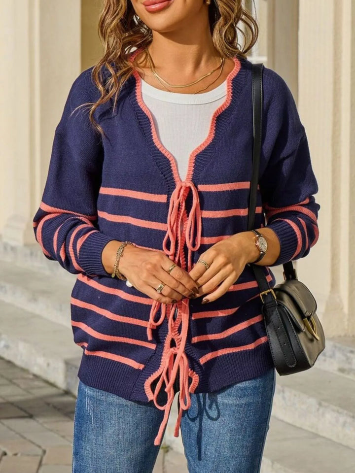 Striped tie-front knit cardigan with contrast trim