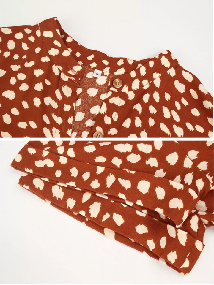 Animal print short sleeve midi shirt dress with tie waist