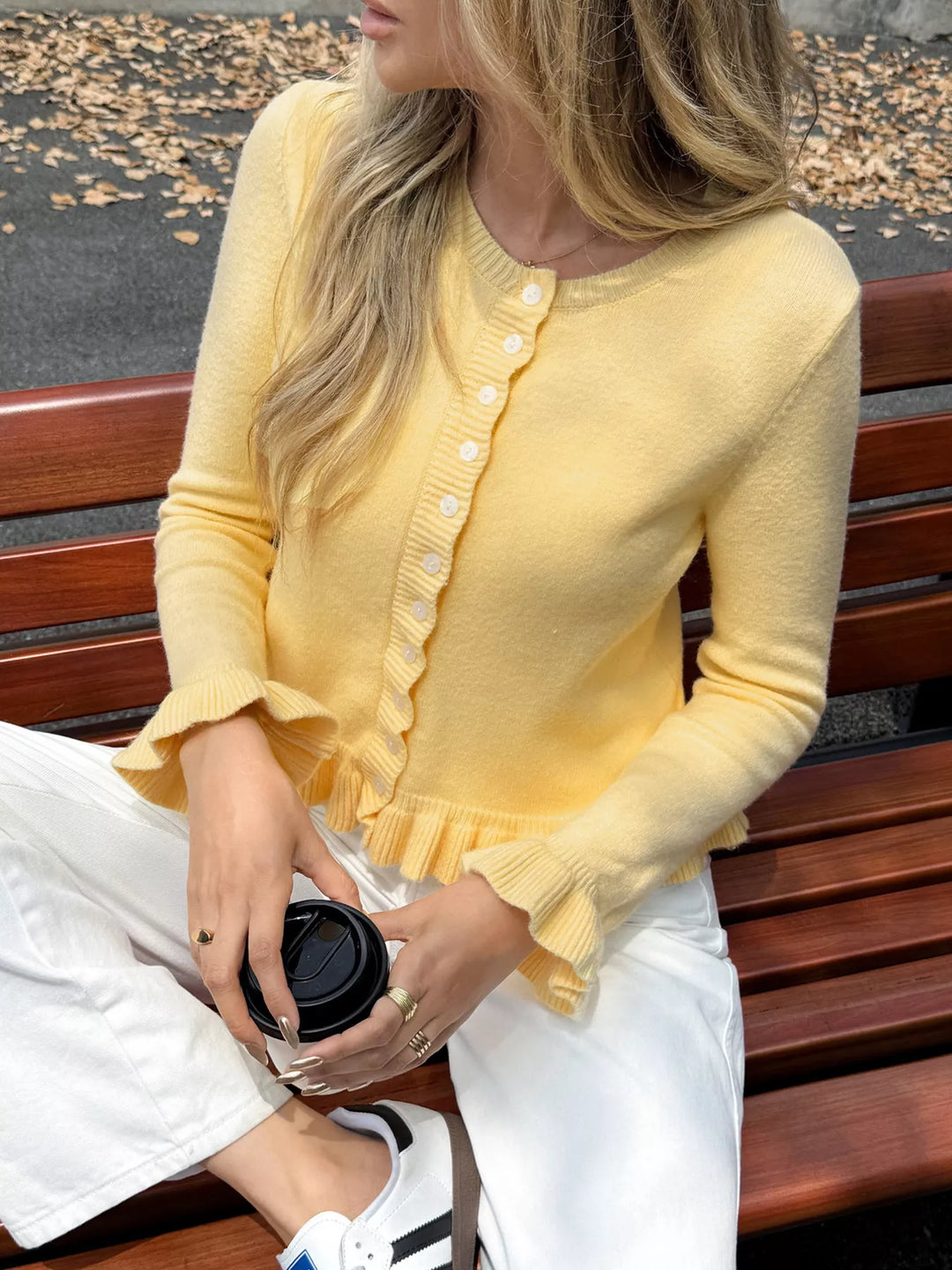 Ruffled trim button-up knit cardigan with crew neck