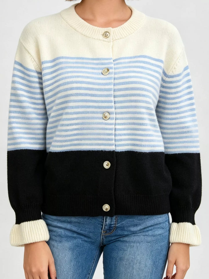 Blue Striped color block button-up cardigan with ruffle cuffs