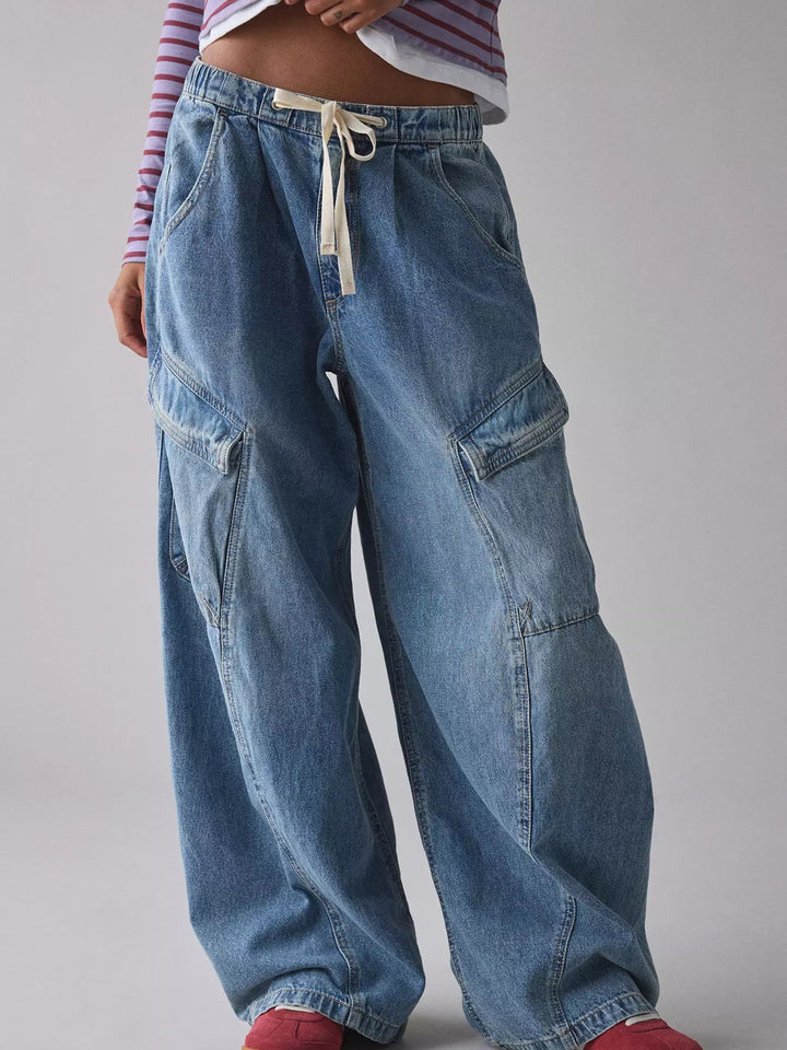 Dusty Blue Wide-leg drawstring cargo jeans with side pockets
