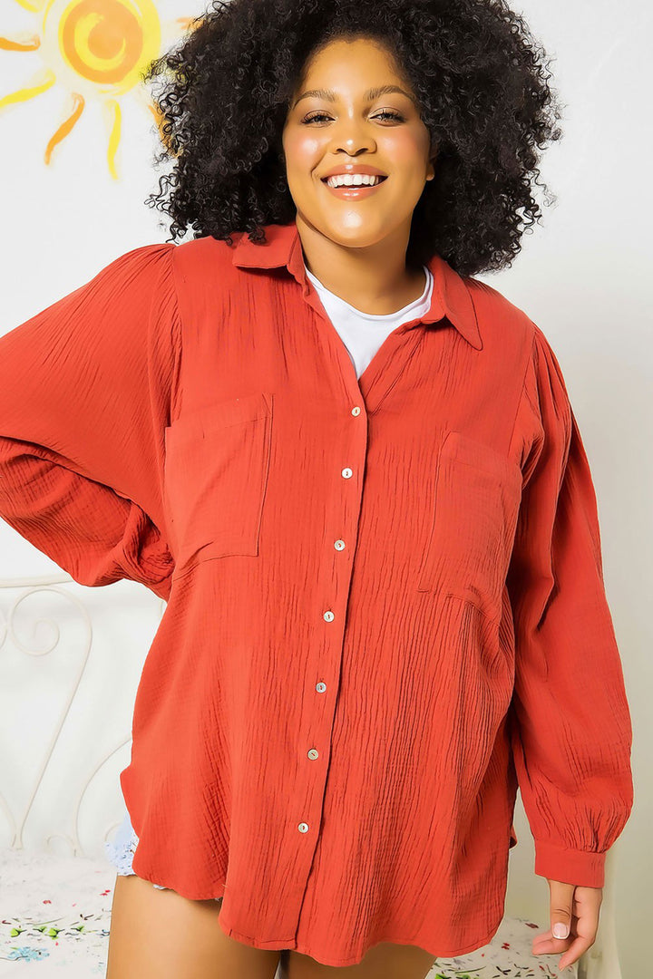 Marseille Textured Gauze Button Down Puff Sleeve Blouse