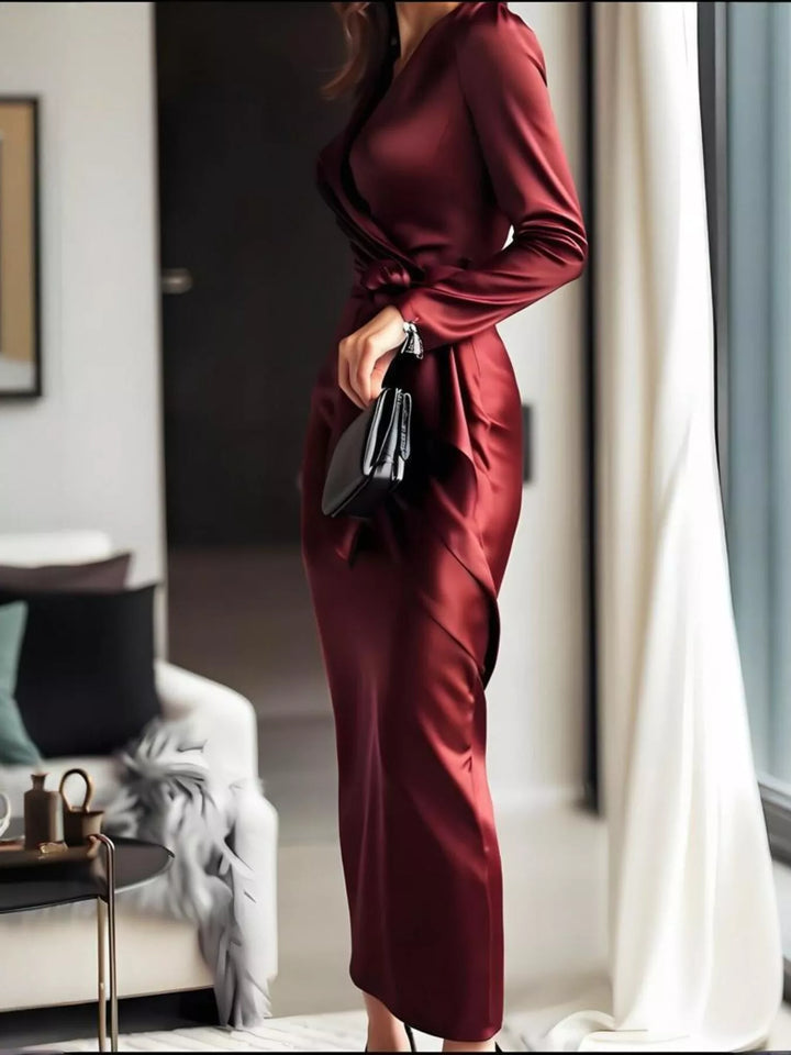 Surplice satin long sleeve maxi dress with tie waist