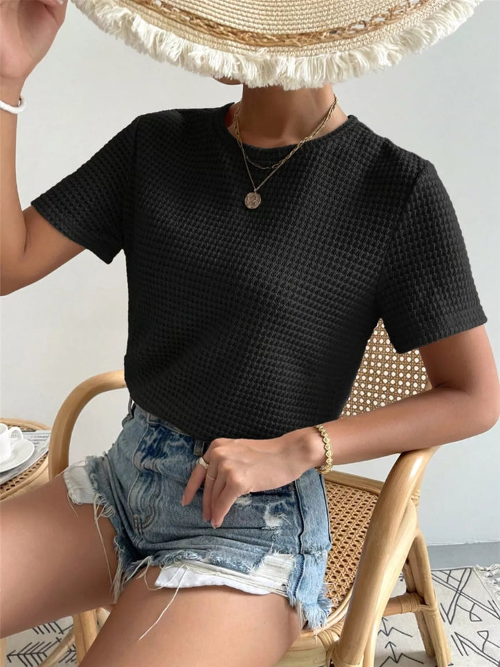 Waffle knit crew neck short sleeve top
