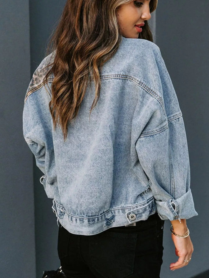 Leopard patchwork distressed denim jacket with button front