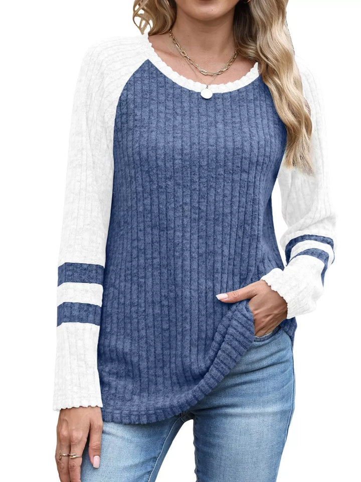 Dusty Blue Ribbed knit raglan long sleeve top with varsity stripe sleeves