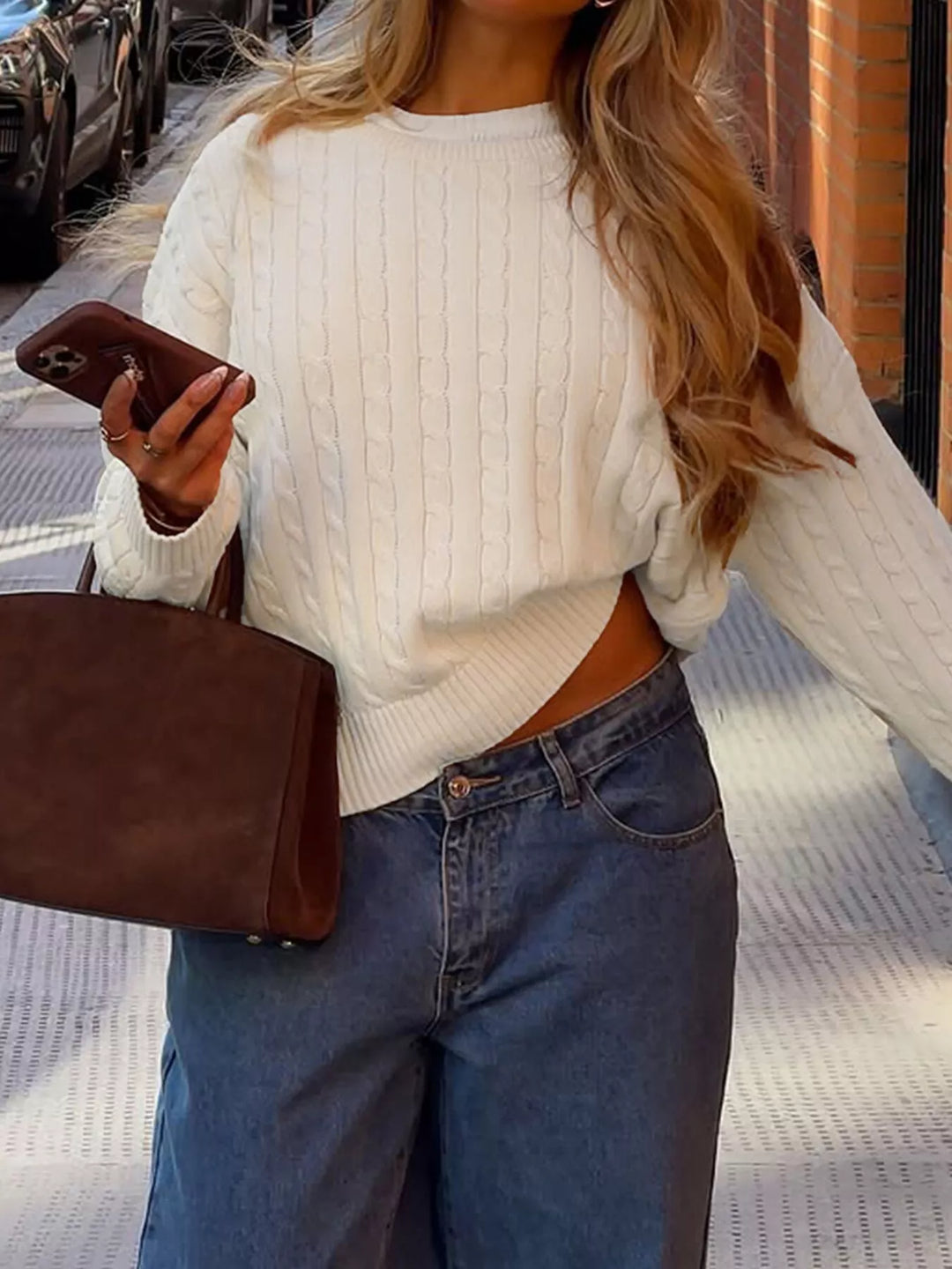 Apricot Color Cable knit crew neck pullover sweater with ribbed hem