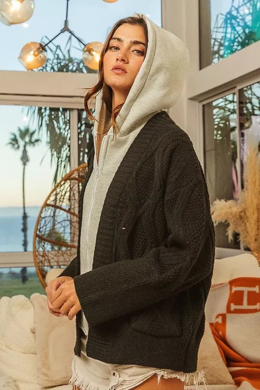 Cable-knit zip-up hoodie sweater jacket with contrast hood