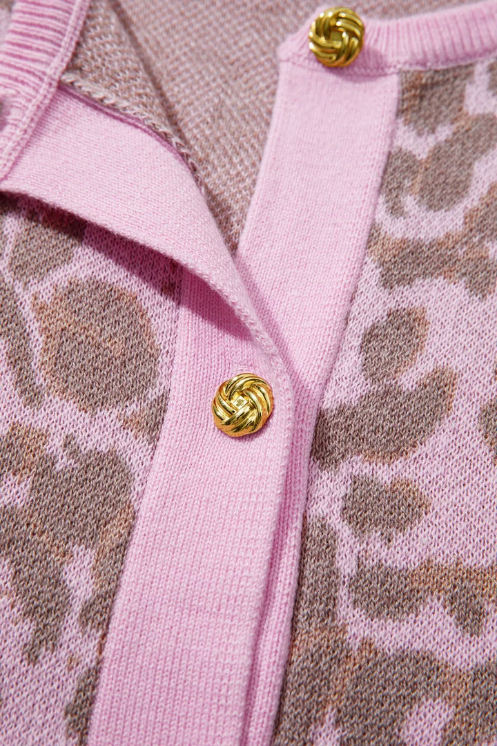 Leopard print short sleeve button-down knit cardigan