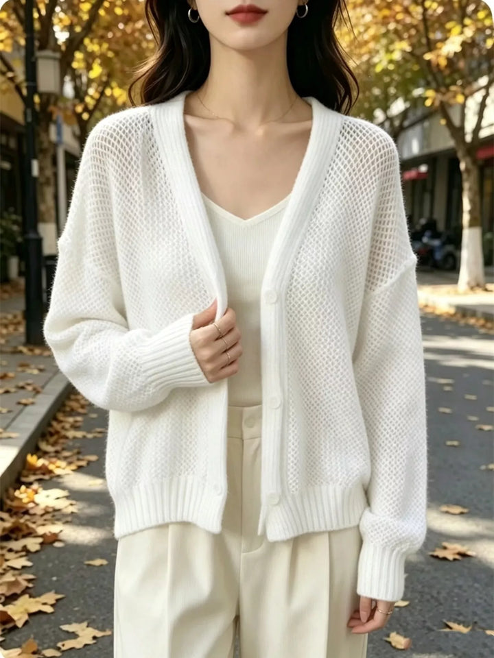 Open-knit V-neck button-front cardigan with ribbed trim