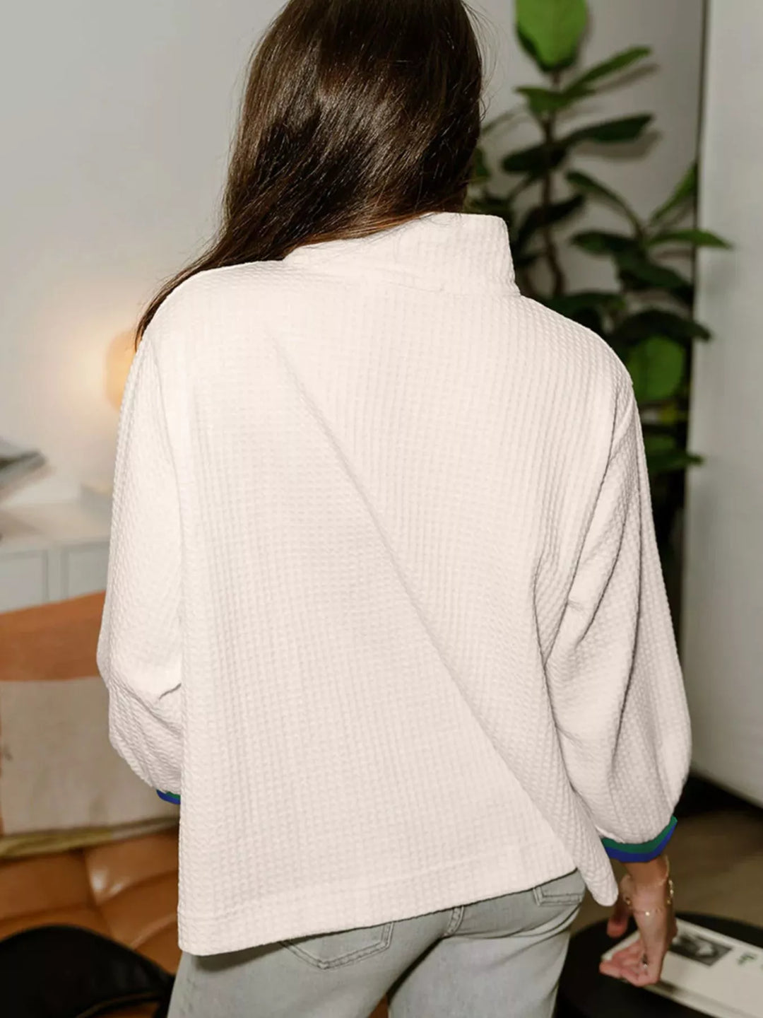 Waffle knit half-zip pullover with contrast collar trim