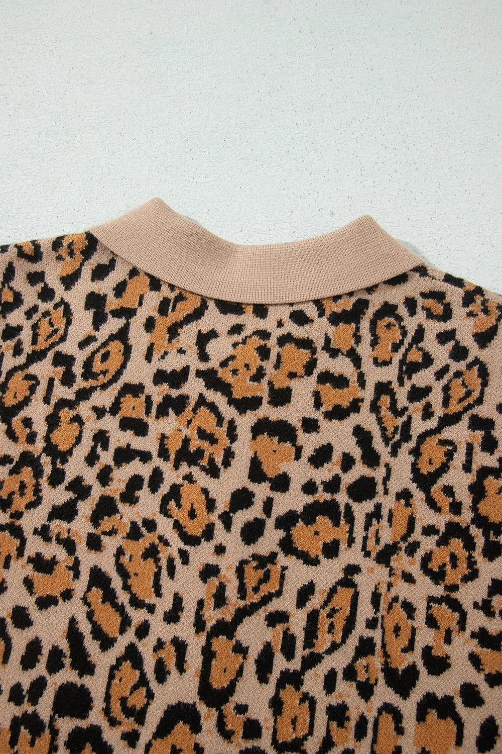 Leopard print collared button-front knit cardigan