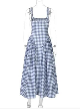 Gingham square neck fit-and-flare midi dress with pockets - Blue