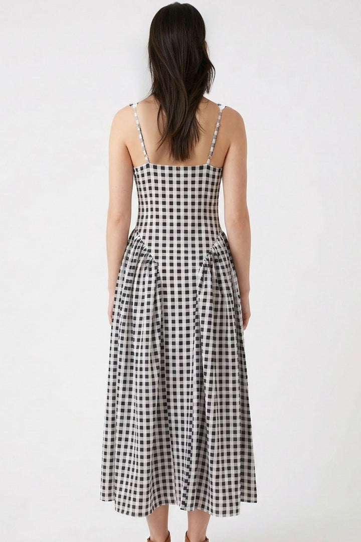 Gingham square neck fit-and-flare midi dress with pockets
