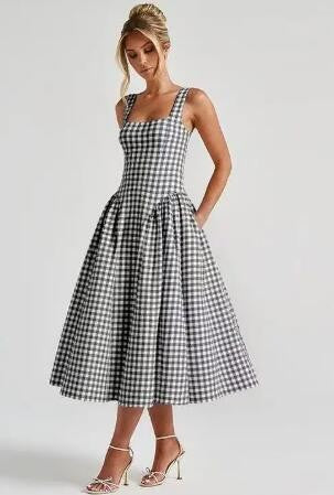 Gingham square neck fit-and-flare midi dress with pockets - Black