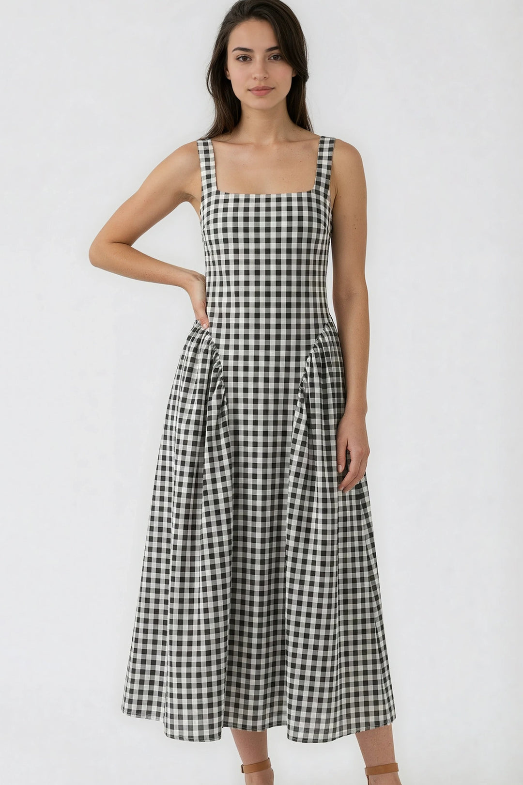 Gingham square neck fit-and-flare midi dress with pockets - Black