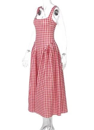 Gingham square neck fit-and-flare midi dress with pockets - Red