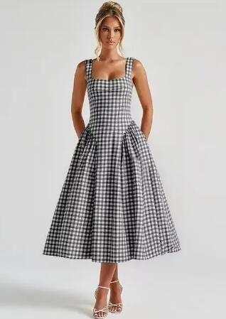 Gingham square neck fit-and-flare midi dress with pockets