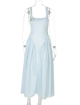 Gingham square neck fit-and-flare midi dress with pockets - Light Blue