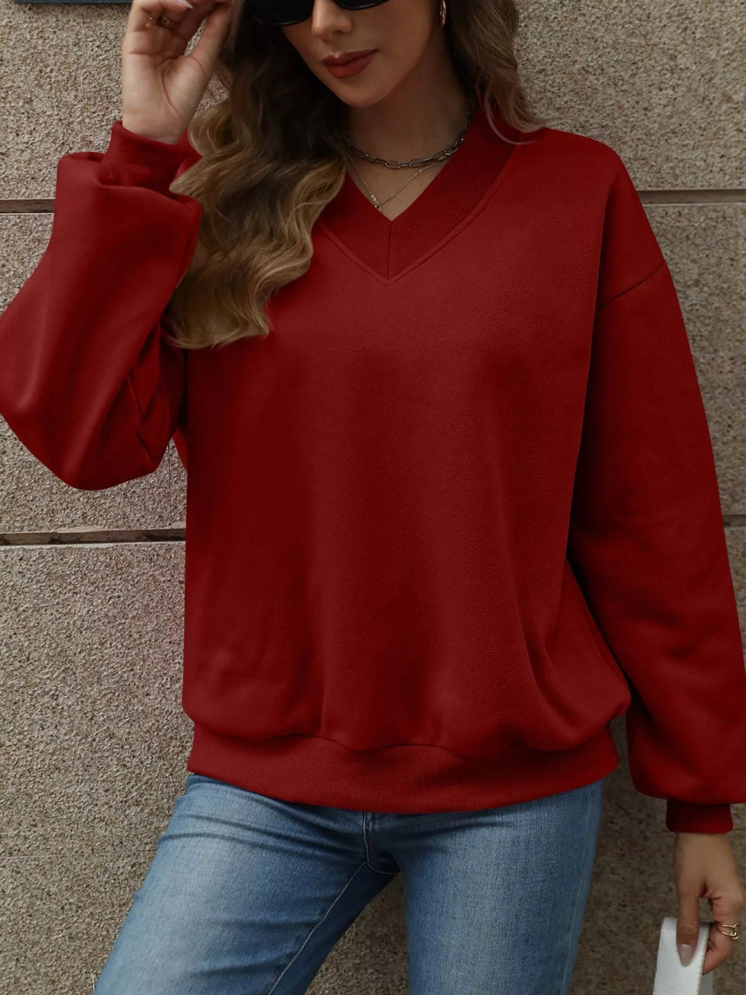 V-neck drop-shoulder pullover sweatshirt with ribbed trim