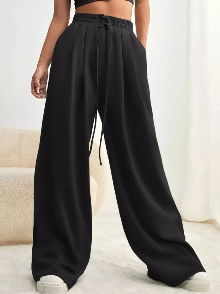 Pleated wide-leg drawstring pants with elastic waist