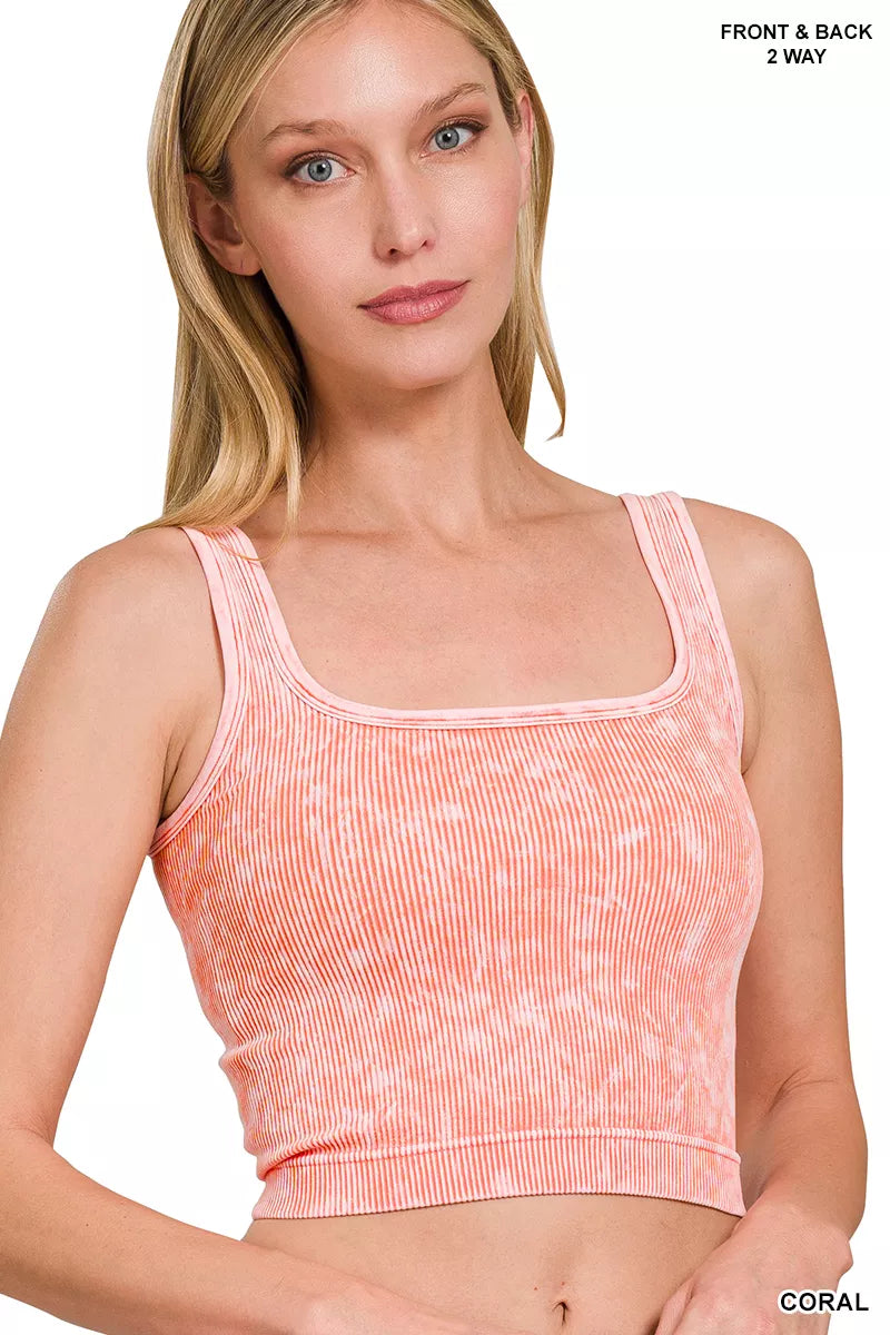 CORAL Washed ribbed seamless crop tank with 2-way neckline