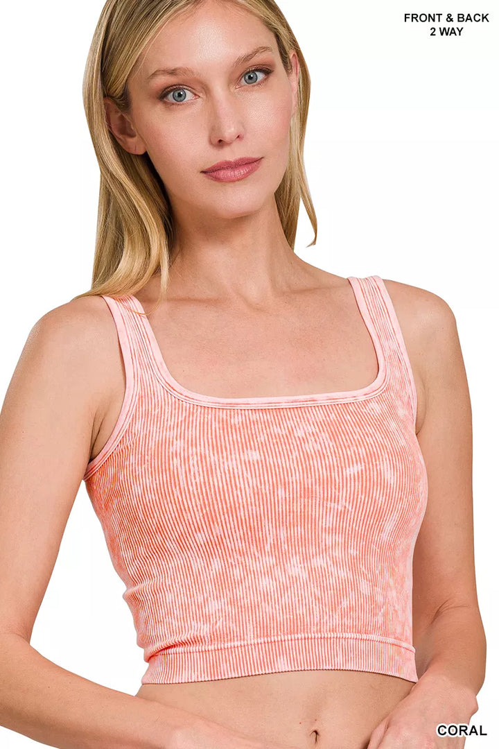 CORAL Washed ribbed seamless crop tank with 2-way neckline