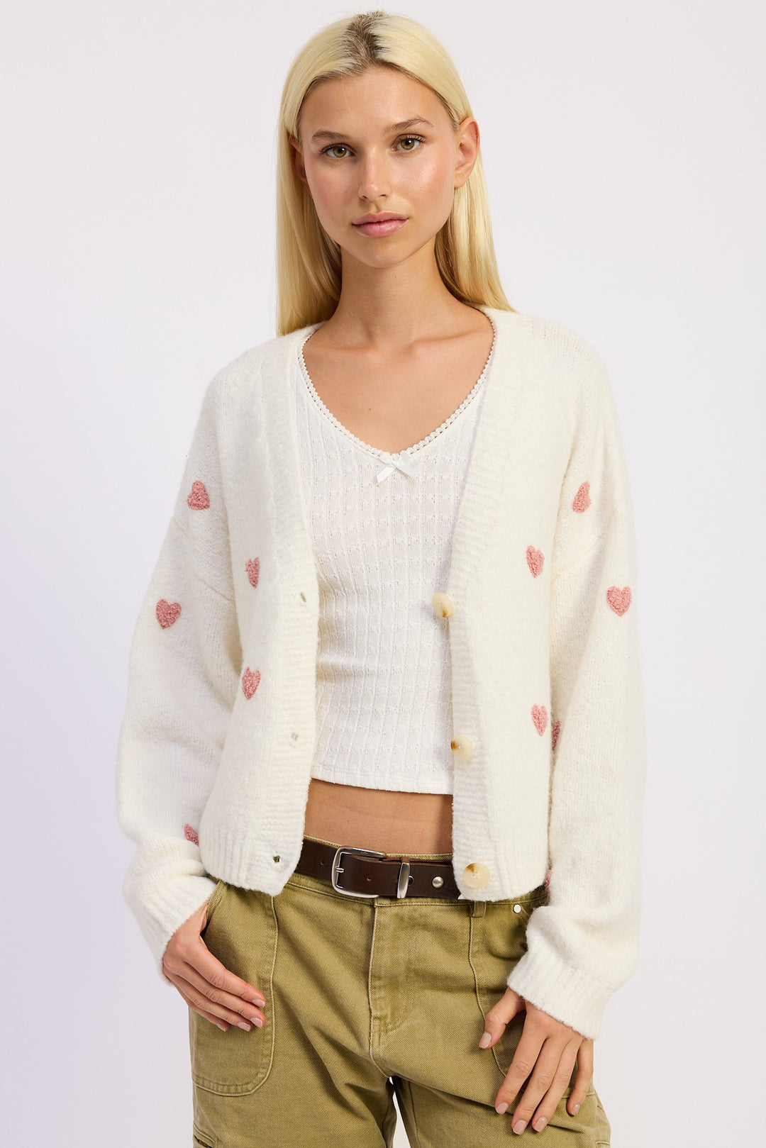 Cropped cardigan with heart embroidery and V-neck - IVORY PINK