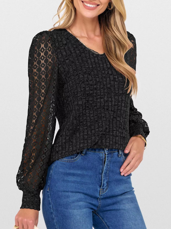 Sheer lace sleeve ribbed knit V-neck top