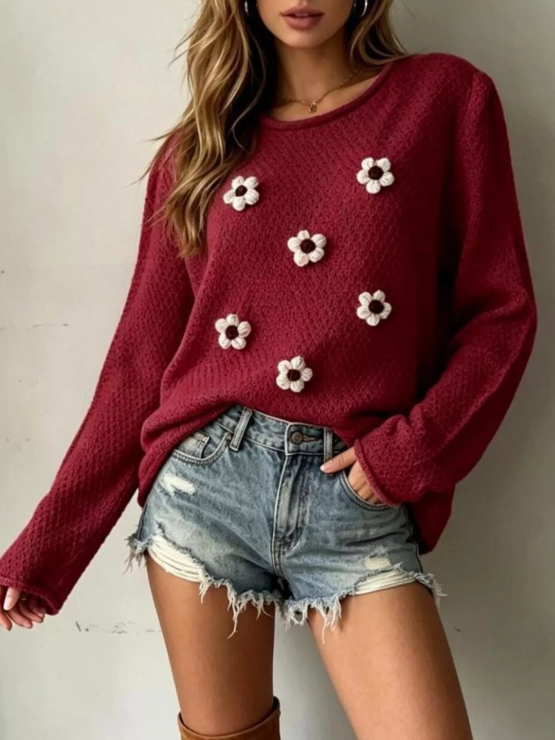 Burgundy Floral applique textured knit sweater with drop shoulders